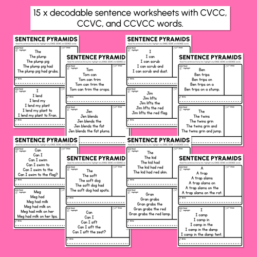 Resource preview 3 for Decodable Sentence Pyramid Worksheets - Mixed CVCC CCVC Words