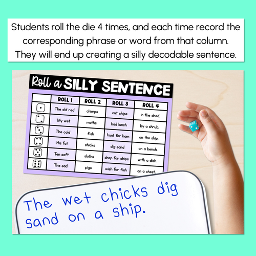 Resource preview 3 for Decodable Sentences with Consonant Digraphs ch sh th wh words - Roll a Silly Sentence Phonics
