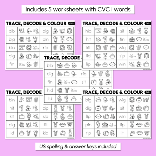Resource preview 3 for Trace, Decode & Colour - CVC I Words Worksheets