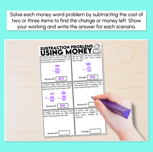 Resource preview 2 for Subtraction Problems Using Money - 2-Digit & 3-Digit Addition Worksheets