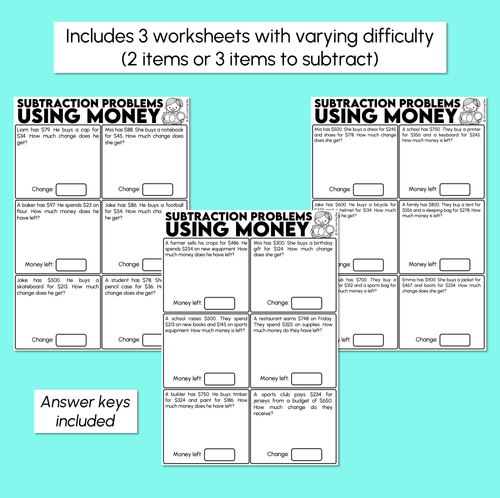 Resource preview 3 for Subtraction Problems Using Money - 2-Digit & 3-Digit Addition Worksheets