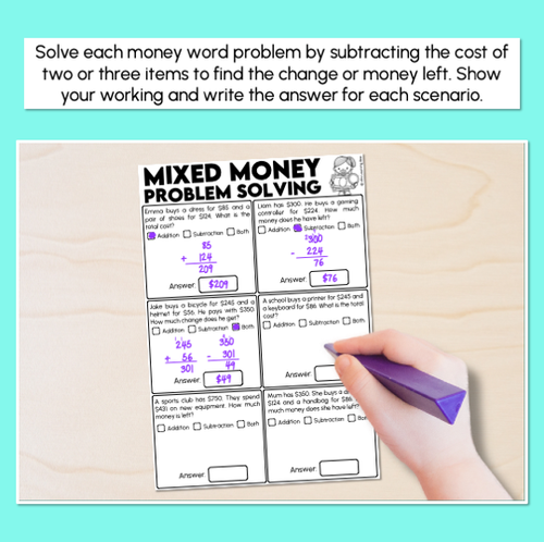 Resource preview 2 for Solving Mixed Money Problems Worksheets