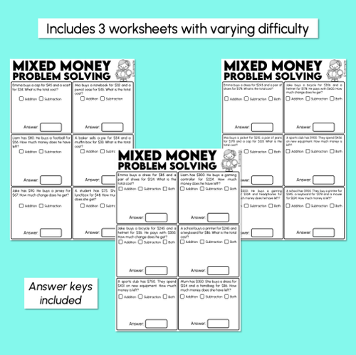 Resource preview 3 for Solving Mixed Money Problems Worksheets