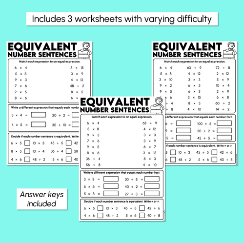 Resource preview 3 for Equivalent Number Sentences - Multiplication and Division Worksheets