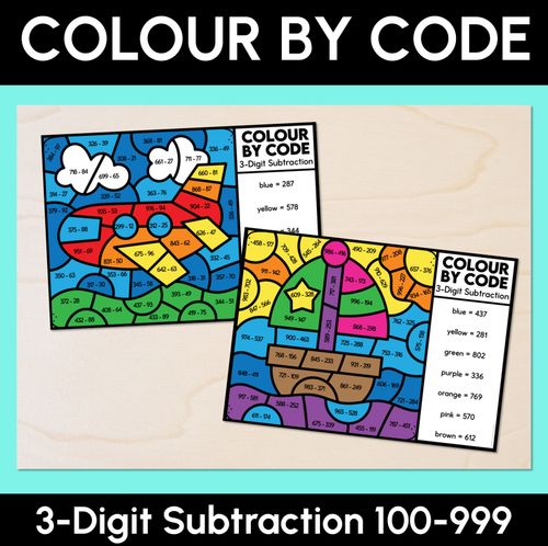 Resource preview 1 for Colour by Code - 3-Digit Subtraction 100-999 - Transport Theme
