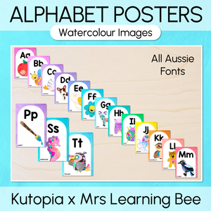 Alphabet Posters - The Kutopia Collection - Watercolour Rainbow with Watercolour Images