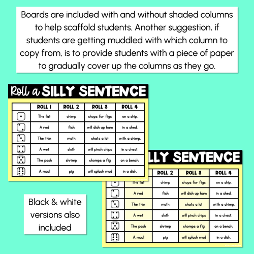 Resource preview 4 for Decodable Sentences with Consonant Digraphs ch sh th wh words - Roll a Silly Sentence Phonics