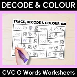 Trace, Decode & Colour - CVC O Words Worksheets