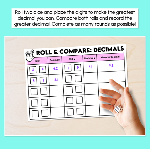 Resource preview 2 for Roll & Compare - Comparing Decimals (Tenths & Hundredths) Activity