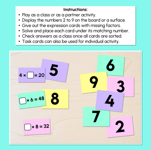 Resource preview 2 for Missing Factors in Multiplication - Sort and Match Activity