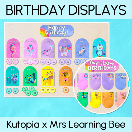 Resource preview 1 for Classroom Birthdays Display - The Kutopia Collection - Watercolour Rainbow Critters