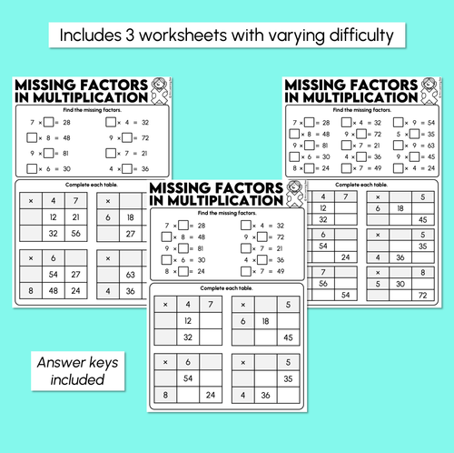 Resource preview 3 for Missing Factors in Multiplication Worksheets