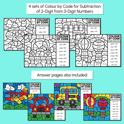 Resource preview 2 for Colour by Code - 3-Digit Subtraction 100-999 - Transport Theme