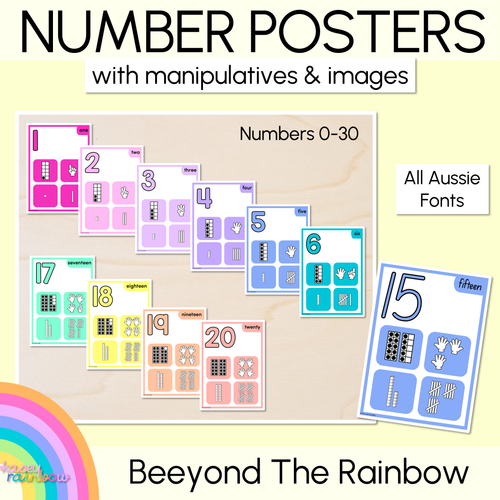 Resource preview 1 for Number Posters 0-30 with ten frames, base ten blocks, tallies & fingers - The Kasey Rainbow Collection