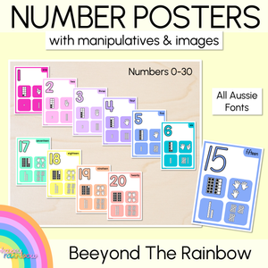 Number Posters 0-30 with ten frames, base ten blocks, tallies & fingers - The Kasey Rainbow Collection