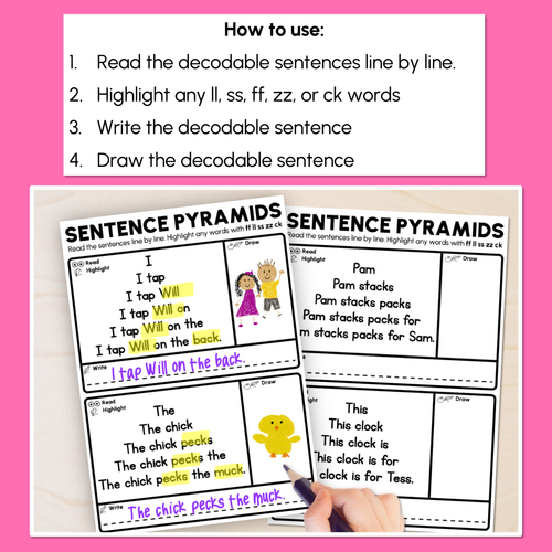 Resource preview 2 for Decodable Sentence Pyramid Worksheets - Consonant Digraphs ff ll ss zz ck