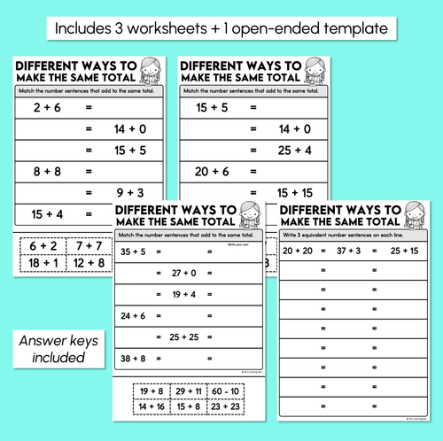 Resource preview 3 for Equal Totals - Equivalent Number Sentences Worksheets