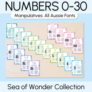 Number Posters 0-30 with ten frames, base ten blocks, tallies & fingers - The Sea of Wonder Collection - Calming Classroom Decor  