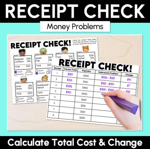 Resource preview 1 for Receipt Check - Calculate Total Cost & Change - Money Problems Activity