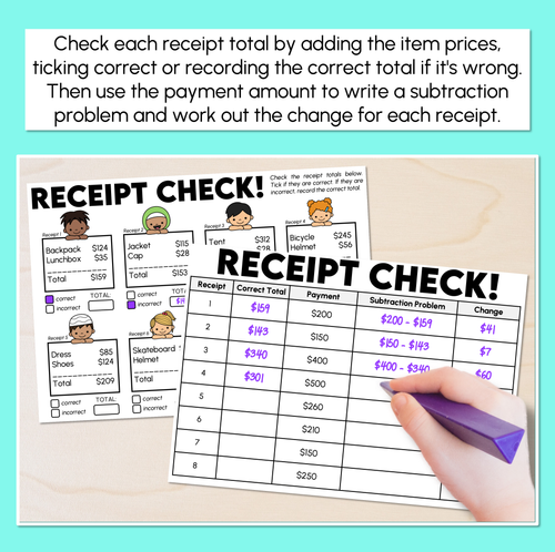 Resource preview 2 for Receipt Check - Calculate Total Cost & Change - Money Problems Activity