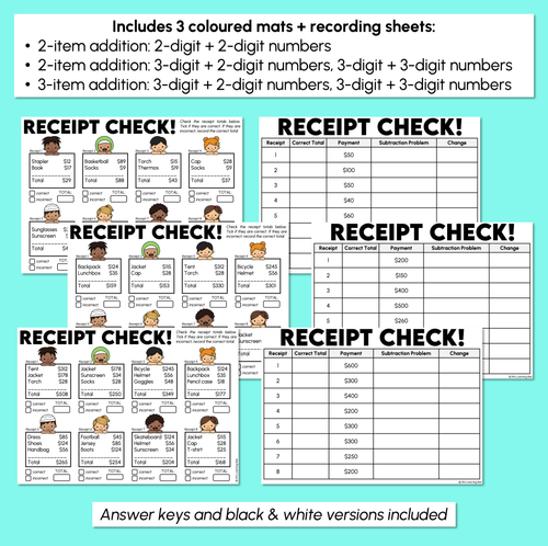 Resource preview 3 for Receipt Check - Calculate Total Cost & Change - Money Problems Activity