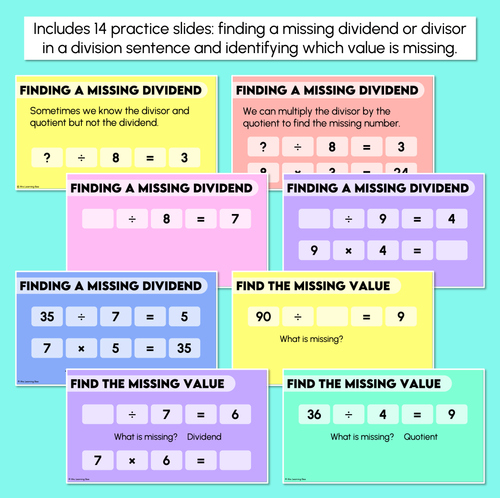 Resource preview 3 for Missing Numbers in Division Sentences - Dividend, Divisor, Quotient Teaching Slides