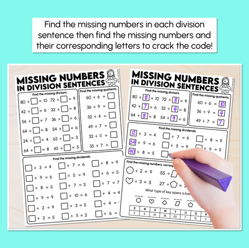 Resource preview 2 for Missing Numbers in Division Sentences Worksheets