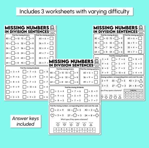 Resource preview 3 for Missing Numbers in Division Sentences Worksheets