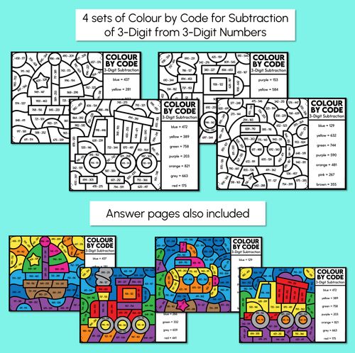 Resource preview 3 for Colour by Code - 3-Digit Subtraction 100-999 - Transport Theme