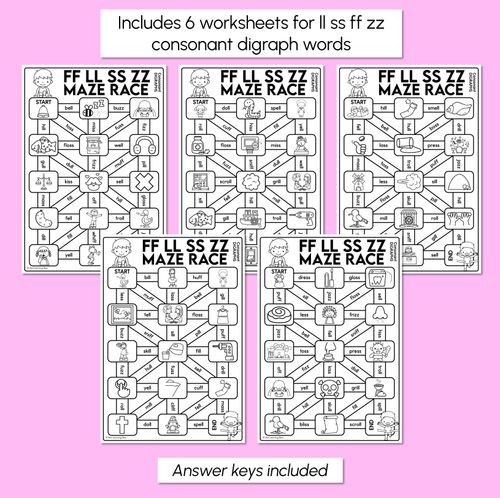 Resource preview 3 for Consonant Digraph LL SS FF ZZ Words Maze Race - LL SS FF ZZ Words Worksheets