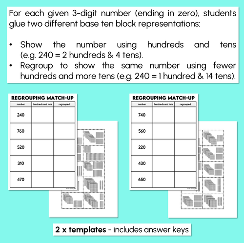 Resource preview 2 for Re-Grouping Base Ten Blocks – Cut & Paste Matching Worksheet