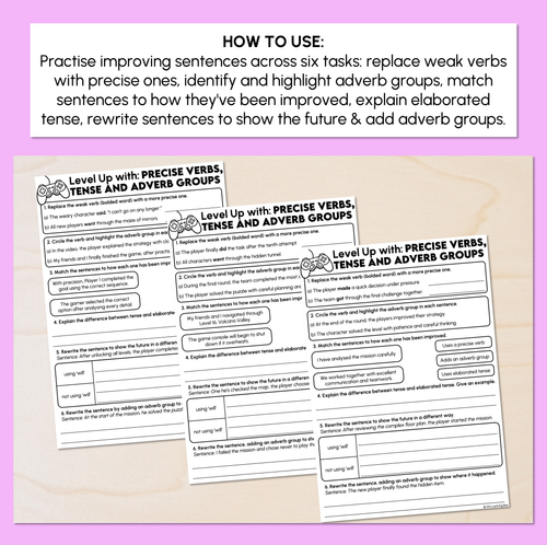 Resource preview 2 for Precise Verbs, Tense & Adverb Groups - Improving Sentences Worksheet