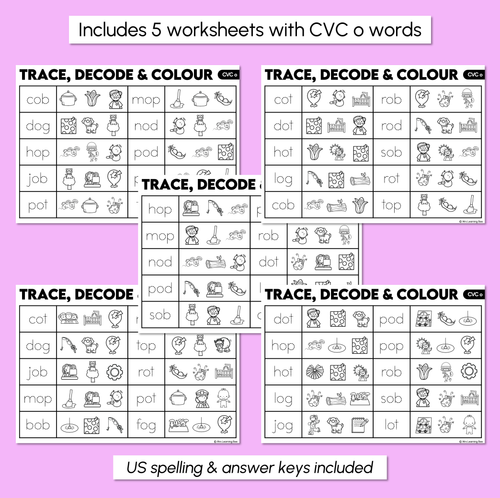 Resource preview 3 for Trace, Decode & Colour - CVC O Words Worksheets