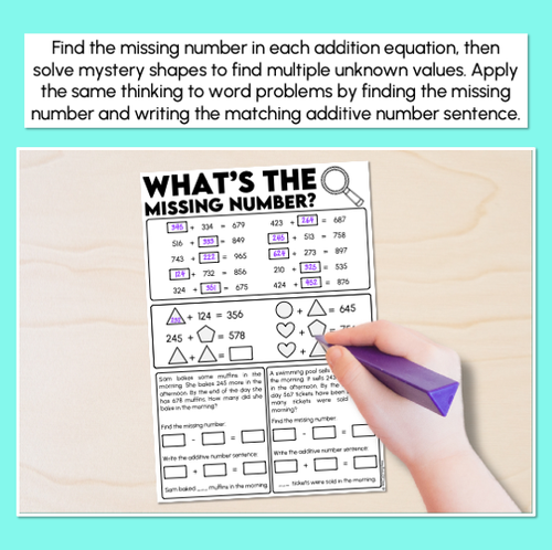 Resource preview 2 for Missing Numbers - 3-Digit Addition Problems Worksheets