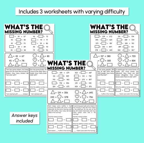 Resource preview 3 for Missing Numbers - 3-Digit Addition Problems Worksheets