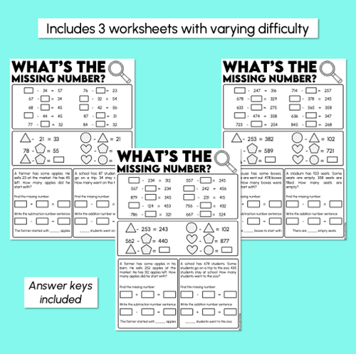 Resource preview 3 for Missing Numbers - 3-Digit Subtraction Problems Worksheets