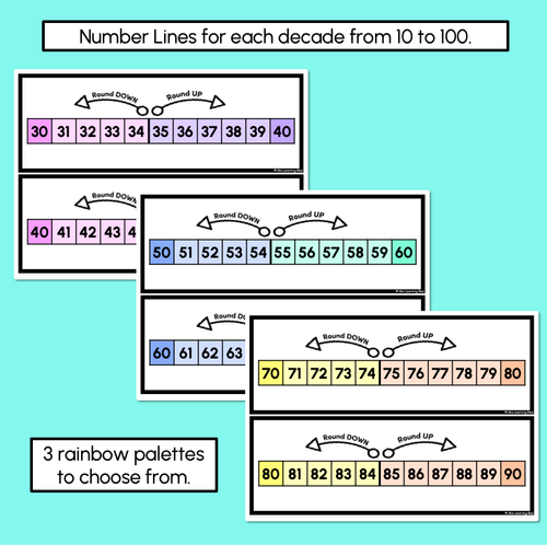 Resource preview 2 for Rounding to Nearest Ten - Number Lines Display Cards & Desk Companions (Rainbow)