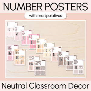 Number Posters 1-30 with ten frames, base ten blocks, tallies & fingers - Neutral Classroom Decor