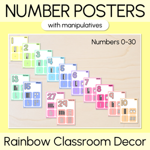 Number Posters 0-30 with ten frames, base ten blocks, tallies & fingers - Rainbow Classroom Decor