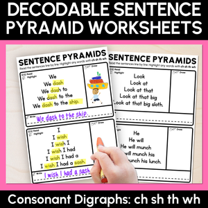 Decodable Sentence Pyramid Worksheets - Consonant Digraphs ch sh th wh