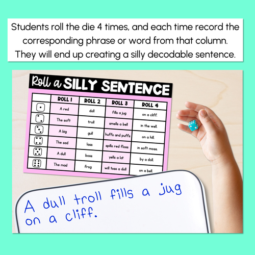 Resource preview 3 for Decodable Sentences with Consonant Digraphs ff ll ss zz ck words - Roll a Silly Sentence Phonics