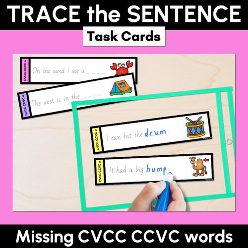Resource preview 1 for CVCC CCVC Sentences - Trace the Sentence Task Cards - Missing Words