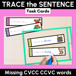 CVCC CCVC Sentences - Trace the Sentence Task Cards - Missing Words