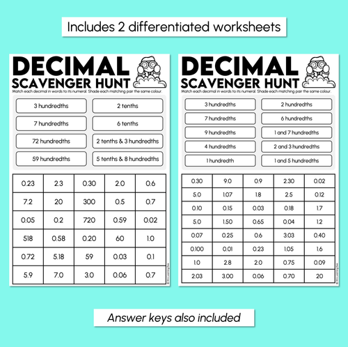 Resource preview 3 for Scavenger Hunt - Decimals: Hundredths Worksheet
