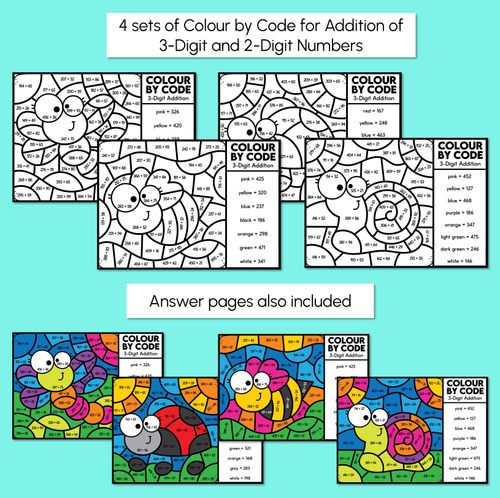 Resource preview 2 for Colour by Code - 3-Digit Addition 100-999 - Bug Theme