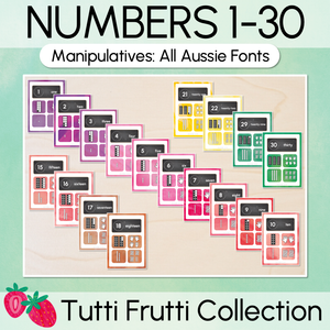 Number Posters 1-30 with ten frames, base ten blocks, tallies & fingers - The Tutti Frutti Collection - Colourful Classroom Decor