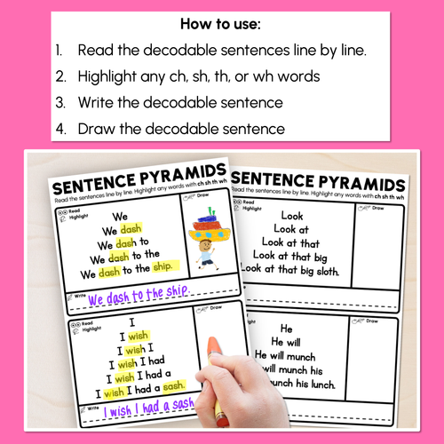 Resource preview 2 for Decodable Sentence Pyramid Worksheets - Consonant Digraphs ch sh th wh