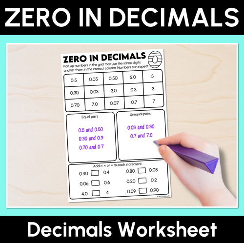 Resource preview 1 for Zero in Decimal - Decimals Worksheet