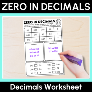 Zero in Decimal - Decimals Worksheet