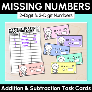 Missing Numbers - 2-Digit & 3-Digit Numbers - Addition & Subtraction Task Cards